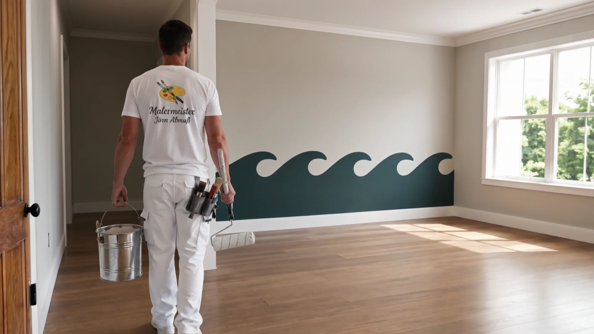 Wohnzimmer nach der Wandgestaltung mit Wellenmotiv